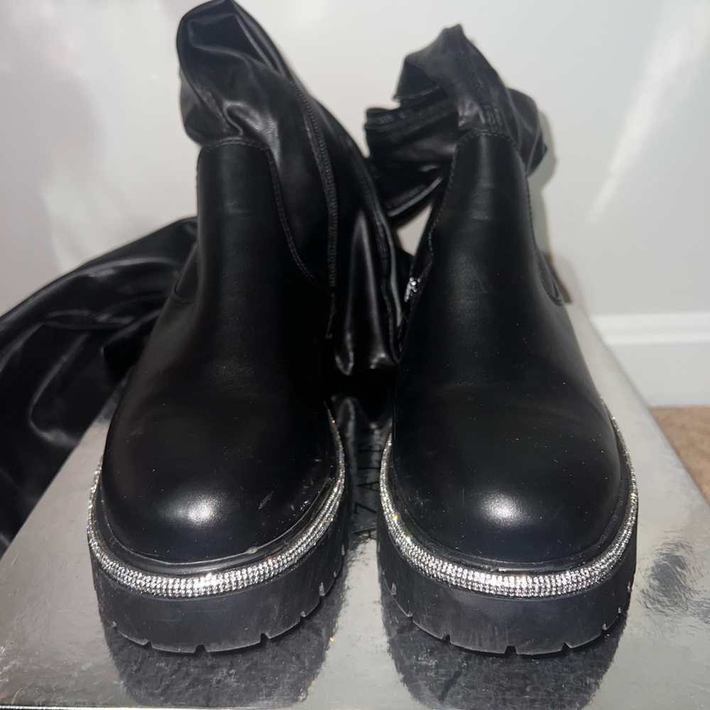 Elegant Black Over the Knee Boots with Silver Detail